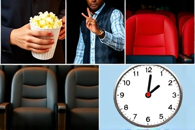 Collage of cinema part-time job elements: popcorn, usher, clean theater, clock.