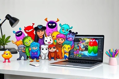 Creative character designs on a professional workspace