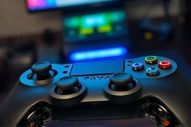 Disassembled game console controller with glowing internal parts.