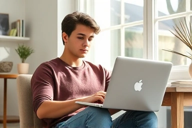 Person earning money online from home with laptop.