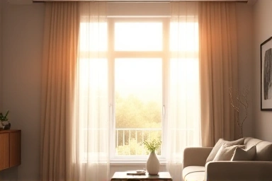 Stylish living room with curtains and blinds, smart home improvement.