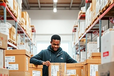 Young person organizing product boxes in a stockroom.
