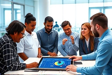 Diverse team analyzing data with AI and Python tools