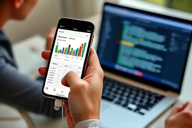 Smartphone displaying data dashboard, laptop with code in background