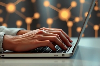 Hands working on laptop with AI data visualization