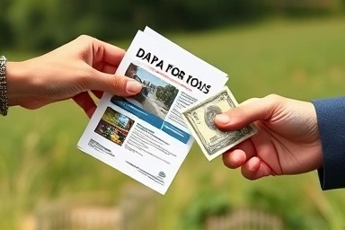 Hand holding flyers, receiving cash, immediate payment