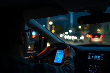 Driver focused on the road at night, with phone app visible.