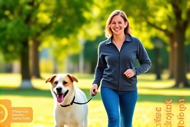 Professional dog walker with happy dog in park