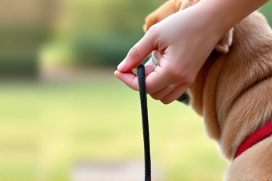 Close-up of dog leash, care and responsibility