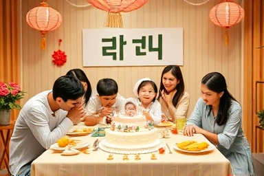 Korean first birthday party, festive photo table, happy family