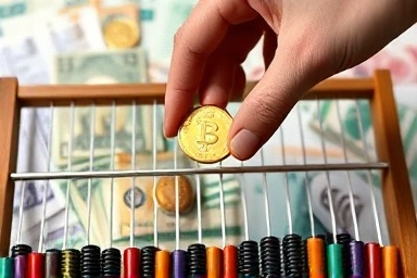 Hand calculating with dollar coin and abacus, symbolizing financial strategy.