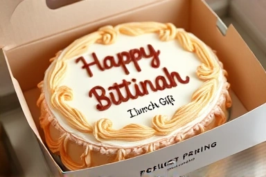 Close-up of a personalized lunchbox cake in elegant packaging