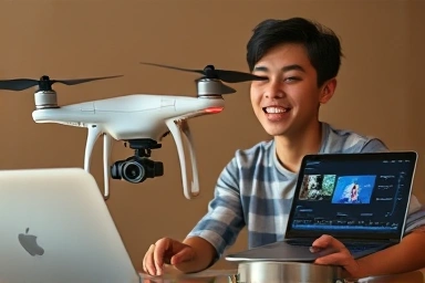 Person operating drone and editing video for side income.