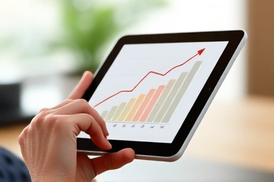 Hand holding tablet showing financial growth graph