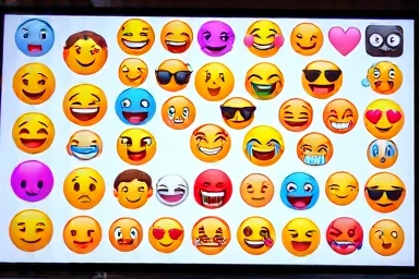 Colorful and diverse collection of digital emoticons on a screen.