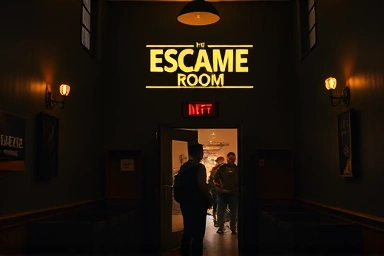 Mysterious escape room lobby with excited visitors