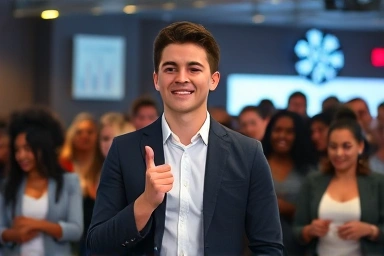 Professional event host engaging a happy audience.