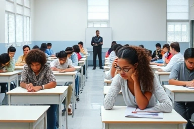 Professional exam supervision in a quiet, orderly hall.
