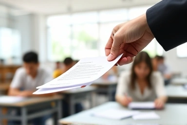 Meticulous distribution of exam papers by a supervisor.