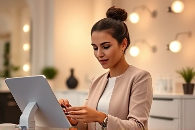 Woman performing professional eyelash extensions in a modern salon.