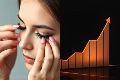 Skillful eyelash application paired with symbolic financial growth.