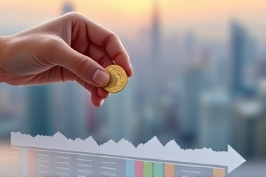 Small coin on stock chart, symbolizing cautious investment.