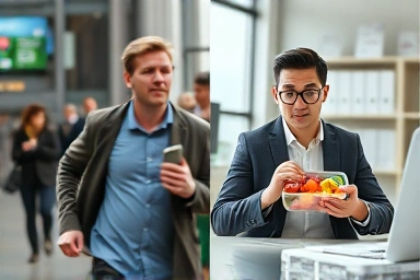 Busy person vs. relaxed person enjoying fruit lunchbox