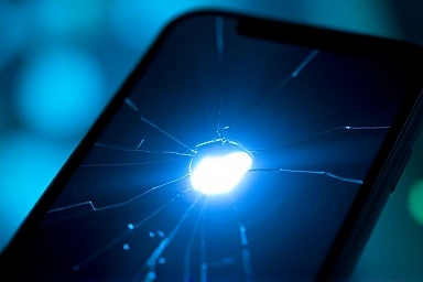 Symbolic image of cracked smartphone screen with light