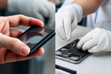 Smartphone battery inspection and expert repair hands