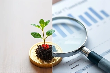 Symbolic growth from coins and financial analysis with magnifying glass.