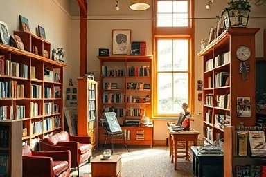 Cozy independent bookstore interior with unique bookshelves and warm lighting.