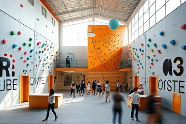 Modern indoor climbing gym with active participants.