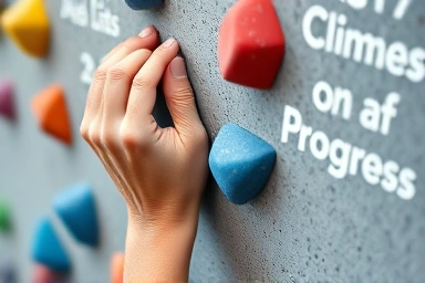 Close-up of hands gripping climbing holds on a wall.