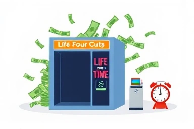 Money flowing into life four cuts photo booth with work icons.