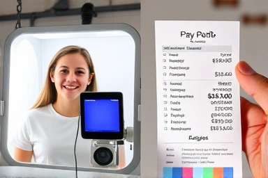 Young person working at photo booth, close-up of detailed pay stub.