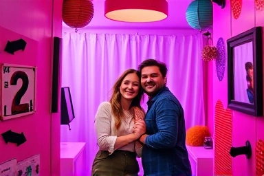 Modern photo booth interior with happy young couple.