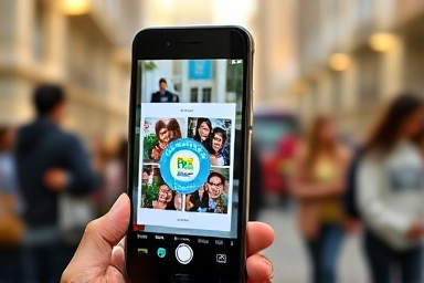 Smartphone showing photo strip from booth, city background.