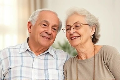 Elderly couple enjoying peaceful retirement, financial security.