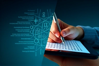 Skilled hand using digital tablet for IT medical translation.