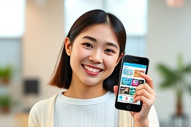 Confident live commerce host with smartphone, bright studio background