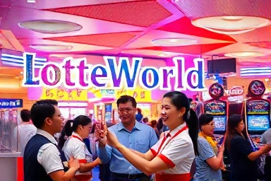 Lotte World employees and happy visitors in a lively park setting.