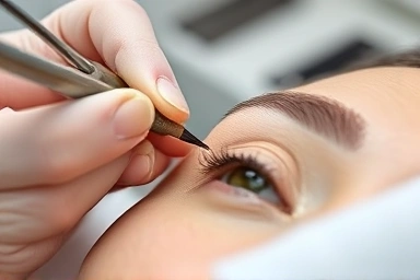 Skilled hands performing semipermanent eyebrow procedure.