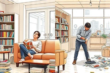 Contrast between perceived easy comic cafe job and actual hard work.
