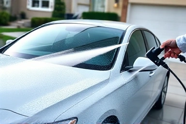 Professional mobile steam car wash detailing a car.