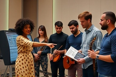 Musicians collaborating in a studio, discussing music production.