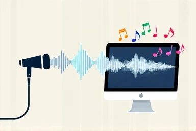 Sound waves transforming into music notes and vibrant colors.