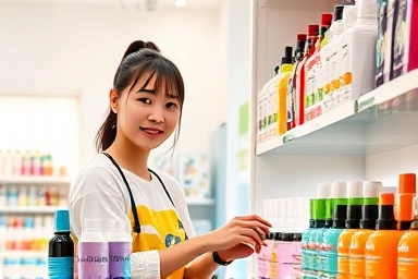 Friendly Olive Young employee organizing cosmetics.