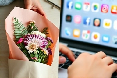 Flower arrangement packaging and online marketing for a flower shop.