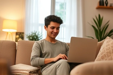 Person earning money online from home with laptop.