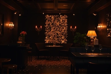 Stylish party room with subtle hints of celebration and effort.